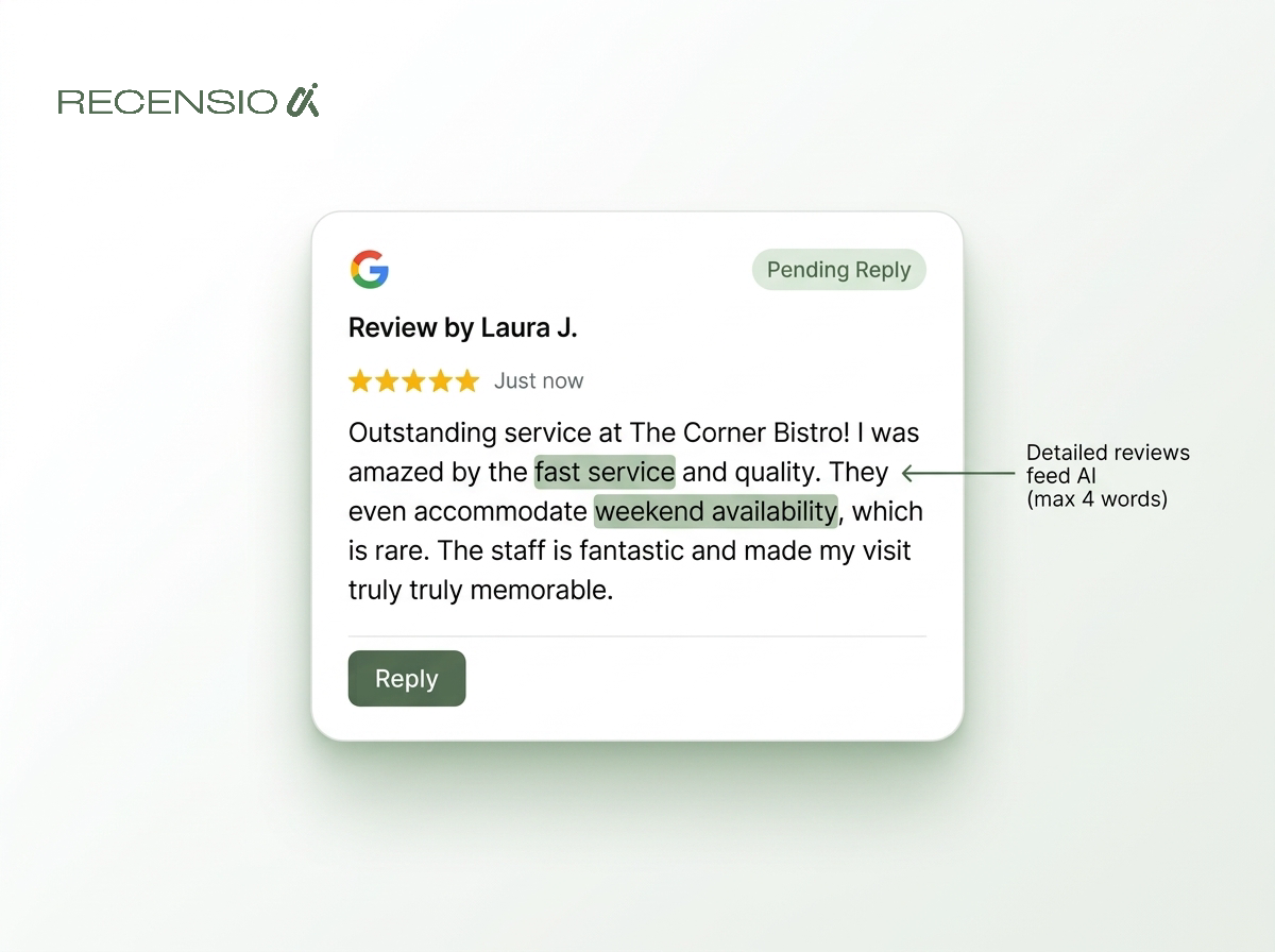 A detailed 5-star review with specific phrases highlighted for AI extraction.