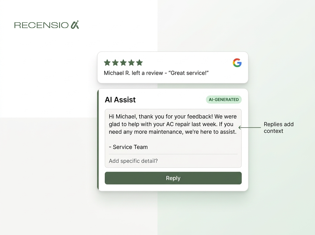 A business owner replying to a review and confirming specific service details.