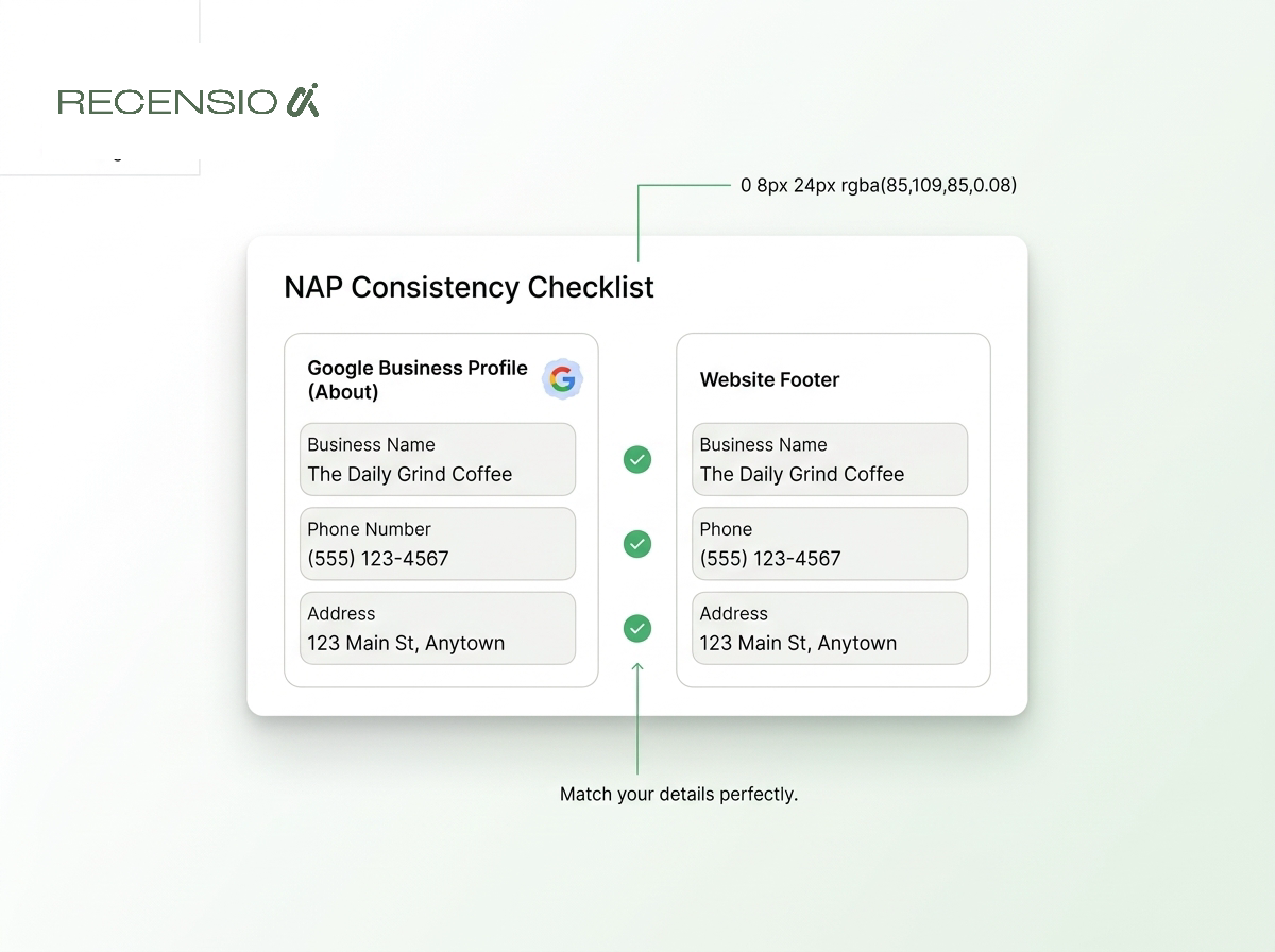 A checklist graphic showing consistent NAP details across a profile and a website contact page.