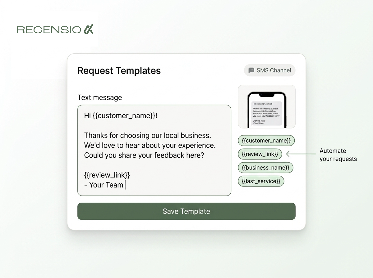 A user interface showing how to edit an automated SMS template to request a Google review.