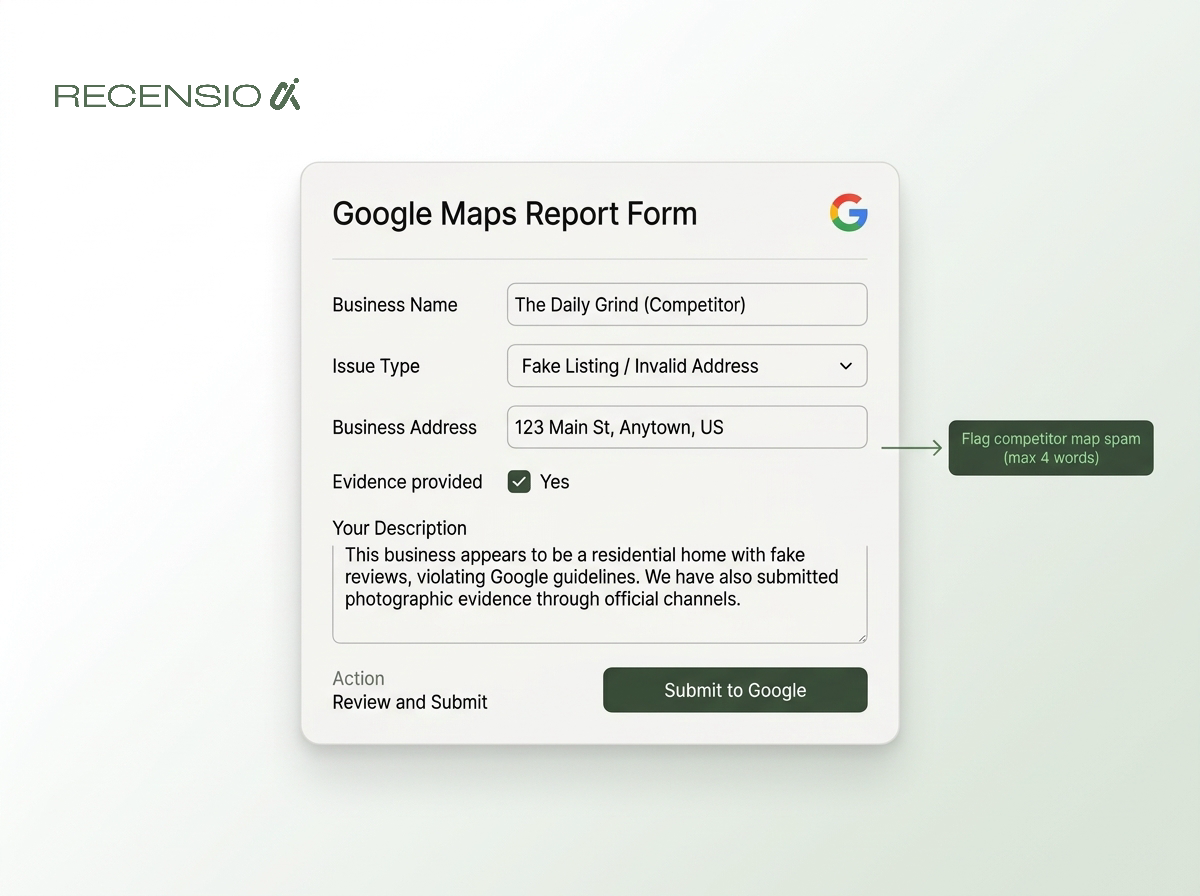 A user submitting a redressal form for a fake competitor on Google Maps.