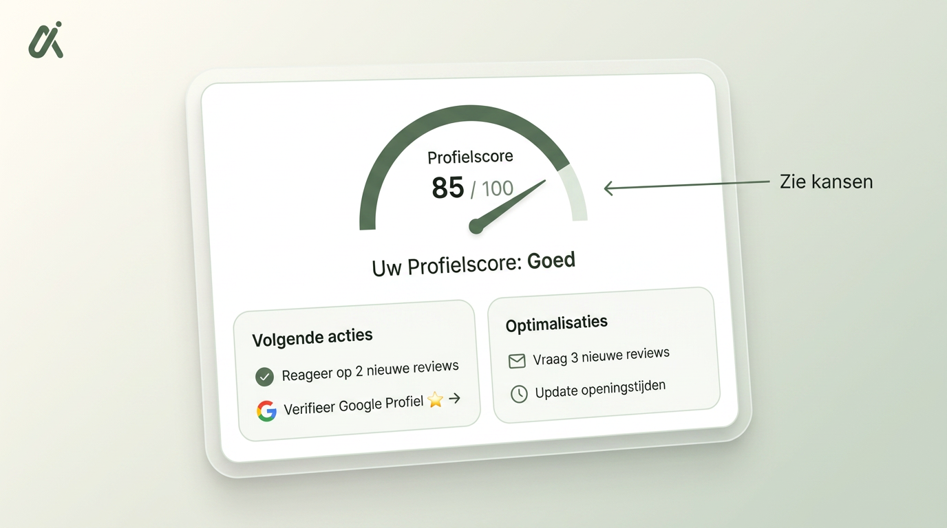 Dashboard met profielscan‑score en lijst snelle verbeteringen